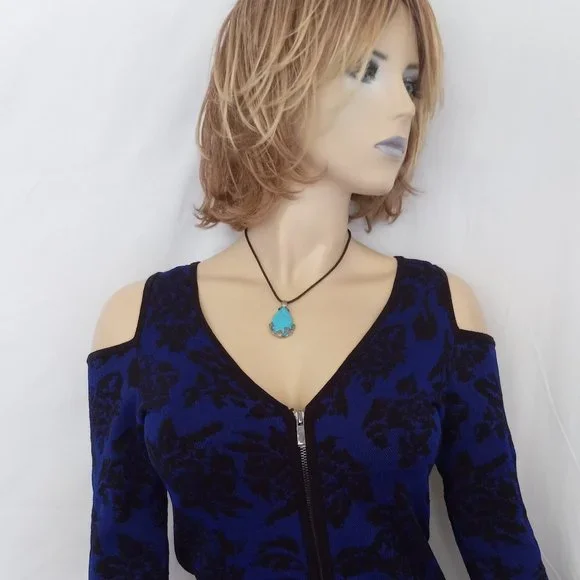 Eye-Catching CACHE Blue/Black Full Zip Bodycon Dress Cold Shoulder, Sz M - Picture 3 of 3